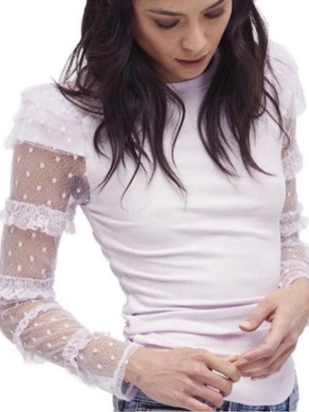 Free People Shirt Small Spruce Kiss Lavender Ruffle Lace Mesh Sleeves